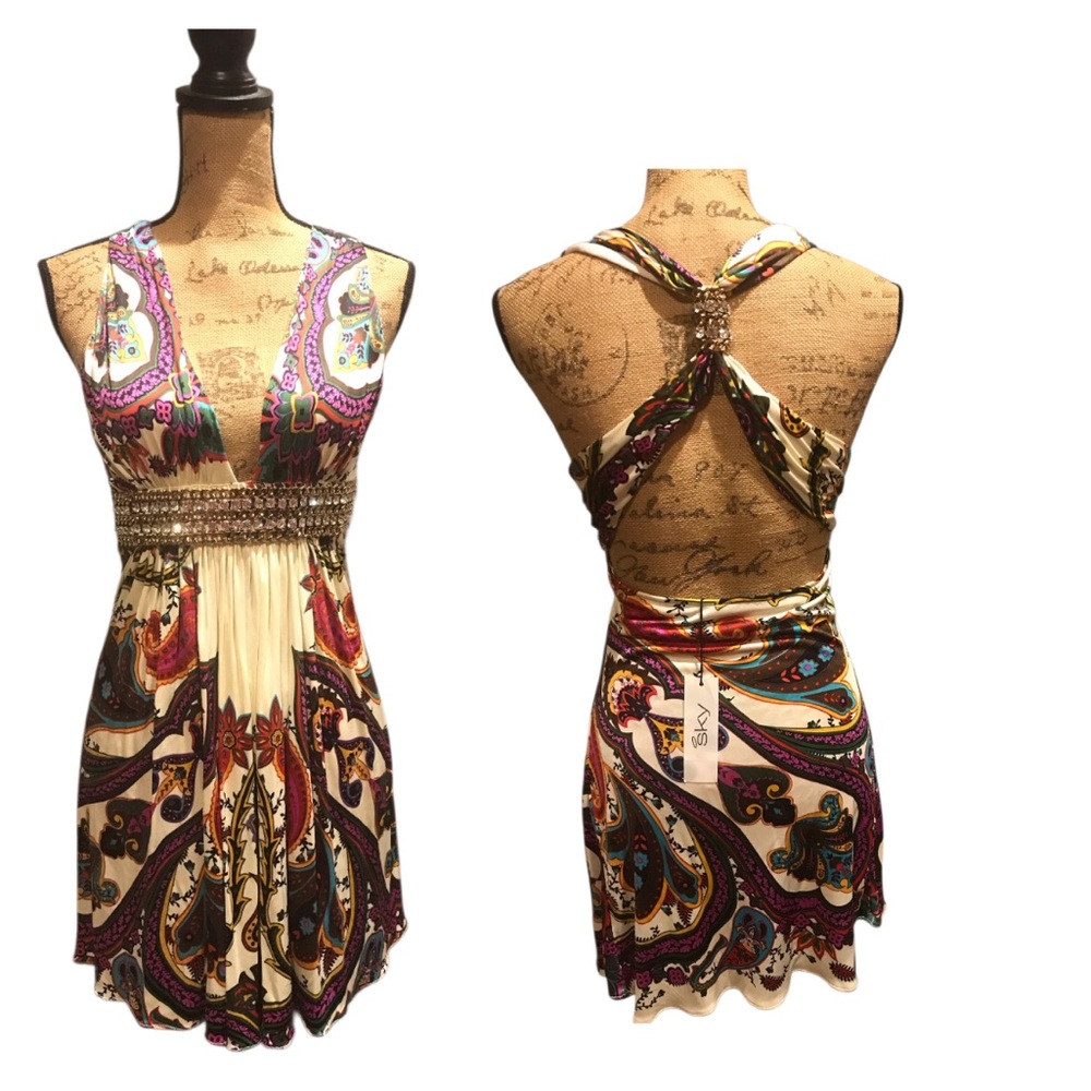 SKY Elegant Multicolor Paisley Dress Rhinestone Accents